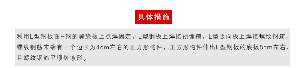 具體措施為：利用L型鋼板在H鋼的翼緣板上點(diǎn)焊固定，L型鋼板上焊接預(yù)埋槽，L型豎向板上焊接螺紋鋼筋，螺紋鋼筋末端有一個(gè)邊長為4cm左右的正方形構(gòu)件，正方形構(gòu)件伸出L型鋼板的底板5cm左右，且螺紋鋼筋呈順勢坡形。